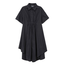 Load image into Gallery viewer, [EAM] Women Blue Pleated Sttich Irregular Shirt Dress New Lapel Short Sleeve Loose Fit Fashion Tide Spring Summer 2020 1W340
