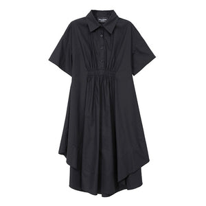 [EAM] Women Blue Pleated Sttich Irregular Shirt Dress New Lapel Short Sleeve Loose Fit Fashion Tide Spring Summer 2020 1W340