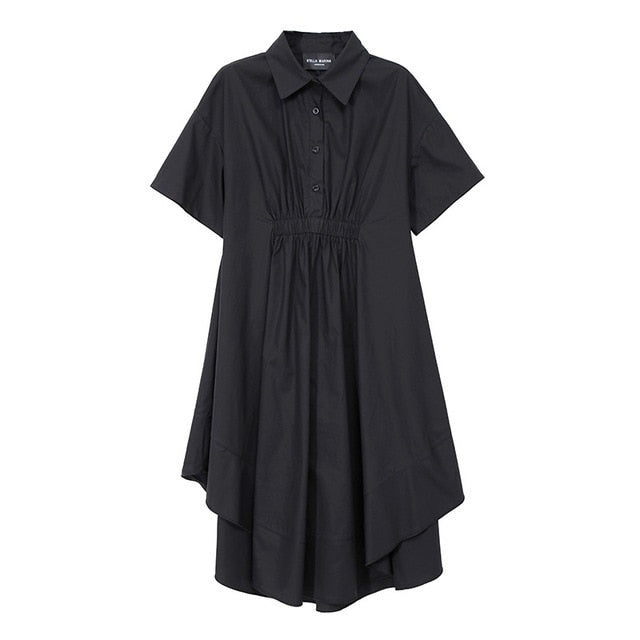 [EAM] Women Blue Pleated Sttich Irregular Shirt Dress New Lapel Short Sleeve Loose Fit Fashion Tide Spring Summer 2020 1W340