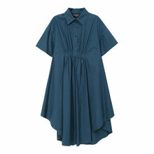 Load image into Gallery viewer, [EAM] Women Blue Pleated Sttich Irregular Shirt Dress New Lapel Short Sleeve Loose Fit Fashion Tide Spring Summer 2020 1W340
