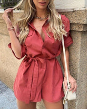 Load image into Gallery viewer, Hirigin Rompers Women Fashion Soild Lace-up Pocket V-neck Short Sleeves Wide Leg Jumpsuits Summer Black Red Overalls Female 2020
