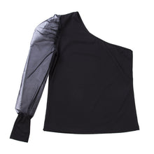 Load image into Gallery viewer, Sexy High Street Women One Single Shoulder See-through Mesh Sheer Puff Long Sleeve Shirt Ladies Casual Slim Blouse Top
