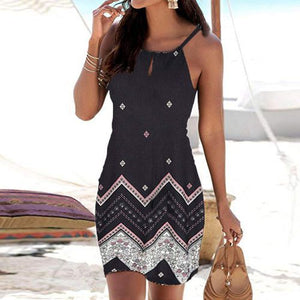 Low-Cost High-Quality Wholesale Halter Sleeveless Fitted Knee-Length Skirt White Red Blue Black Floral Print Bohemian Dress