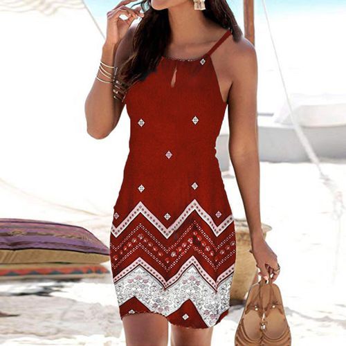 Low-Cost High-Quality Wholesale Halter Sleeveless Fitted Knee-Length Skirt White Red Blue Black Floral Print Bohemian Dress
