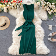 Load image into Gallery viewer, ALPHALMODA  Net Red Jersey Dress 2020 New Style Women's Sleeveless Waist Hugging Lace-up Elastic Split Heart Machine Skirt
