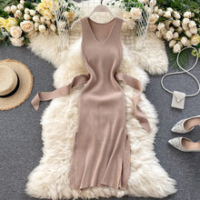 Load image into Gallery viewer, ALPHALMODA  Net Red Jersey Dress 2020 New Style Women's Sleeveless Waist Hugging Lace-up Elastic Split Heart Machine Skirt
