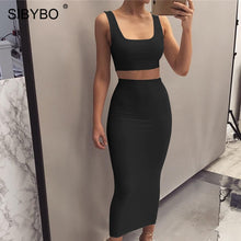Load image into Gallery viewer, Sibybo Autumn Sleeveless Sexy Two Piece Set Dress Women Square Collar High Waist Long Dress Party Casual Summer Tank Dress
