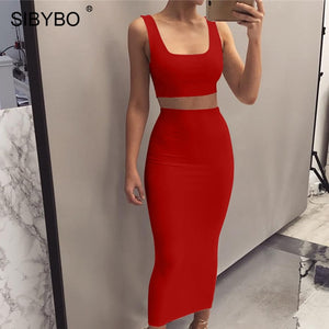 Sibybo Autumn Sleeveless Sexy Two Piece Set Dress Women Square Collar High Waist Long Dress Party Casual Summer Tank Dress