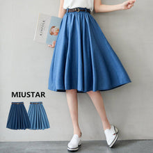 Load image into Gallery viewer, ROPALIA Summer Women Denim Jeans Skirts A line Casual Belt Skirt High Elastic Waist Streetwear Midi Pleated Female Clothing

